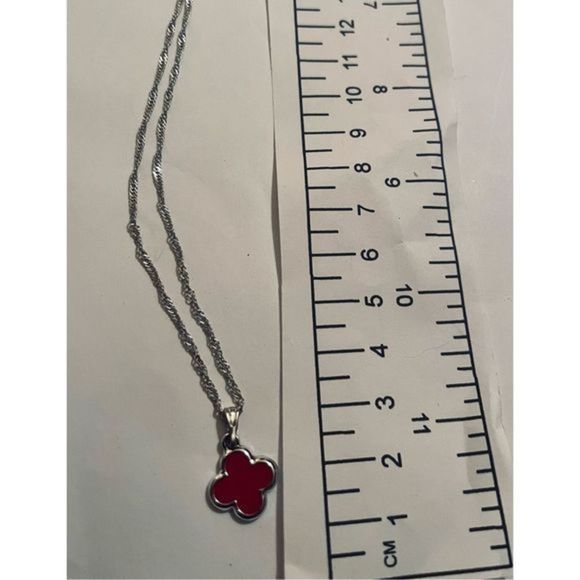 Red and SILVER CLOVER FLOWER NECKLACE - Picture 6 of 6